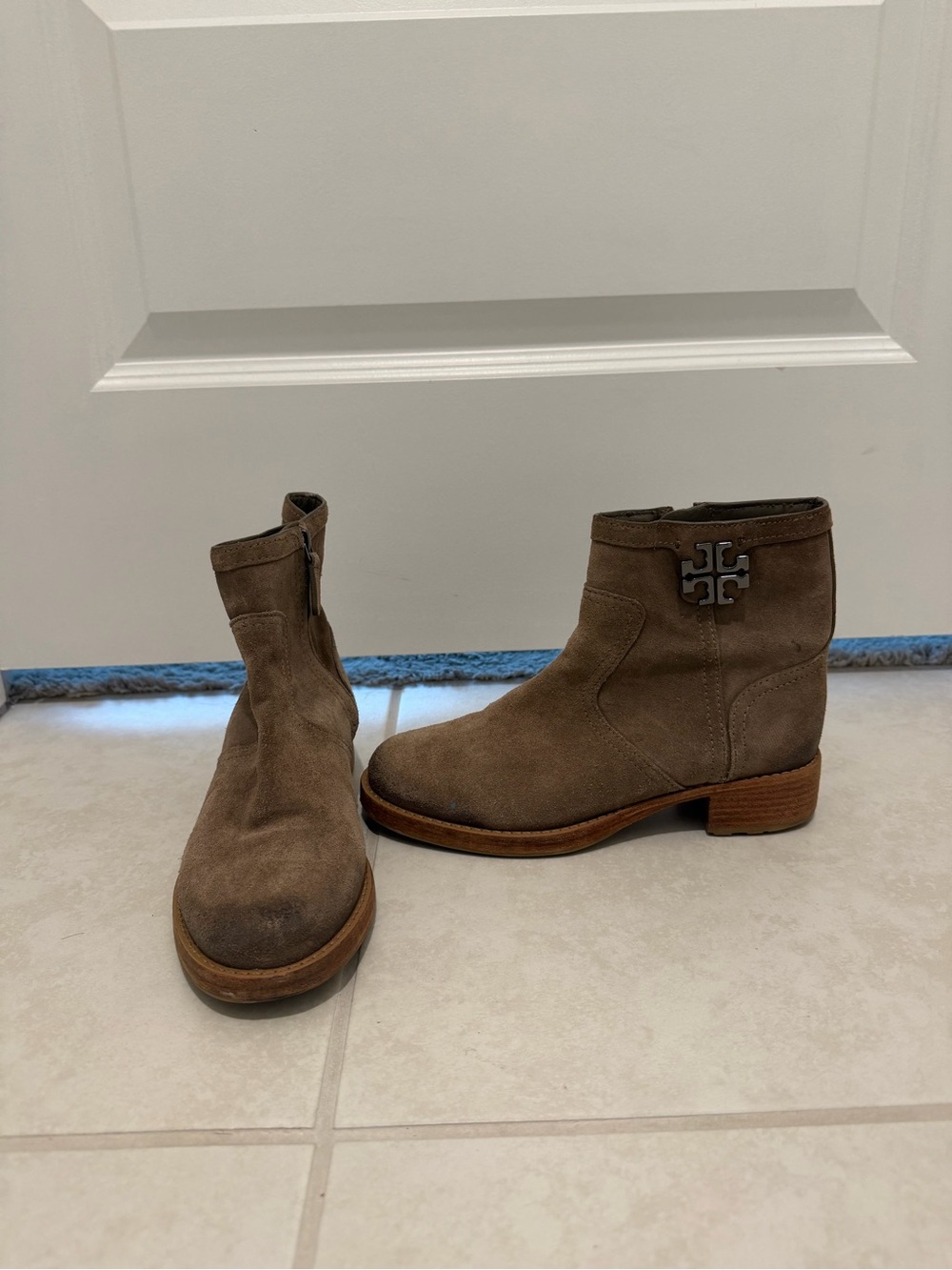 Tory Burch Taupe Suede Ankle Booties with Logo Accent